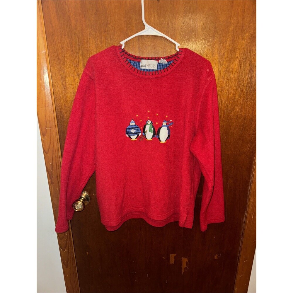 C.D. Sport Womens Red Fleece Penguin Printed Sweater Size XL Grandmacore Vtg